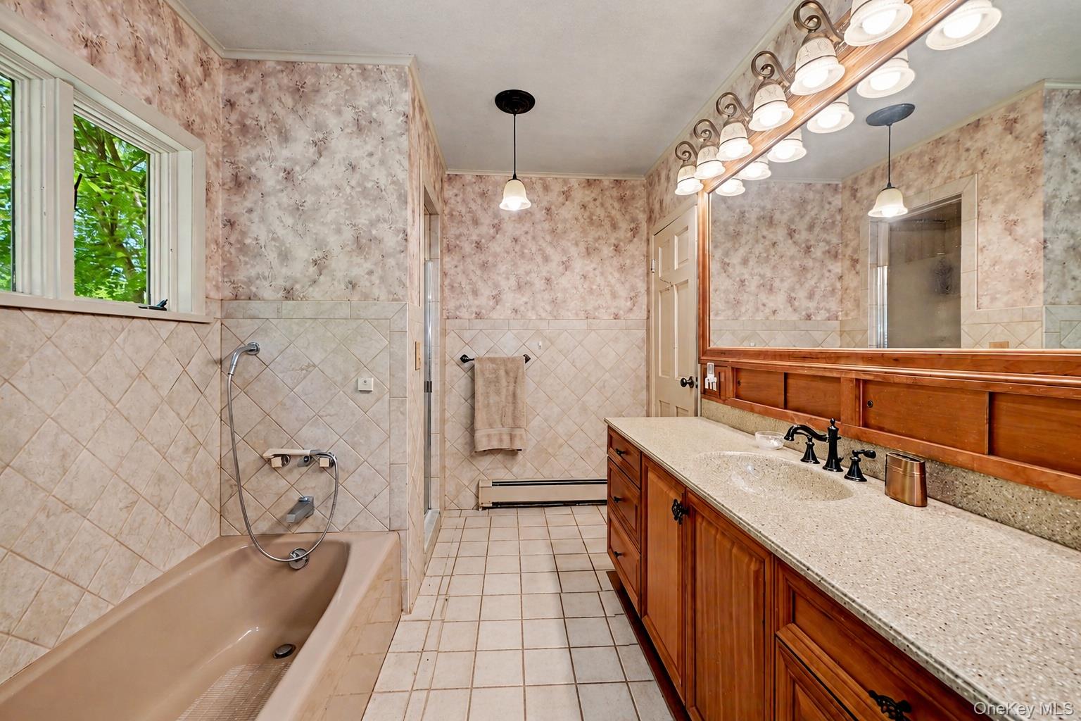 631 Croton Falls Road Carmel, NY 10512 - Photo 19 of 43 a bathroom with a double vanity sink a large mirror a bathtub and next to a window