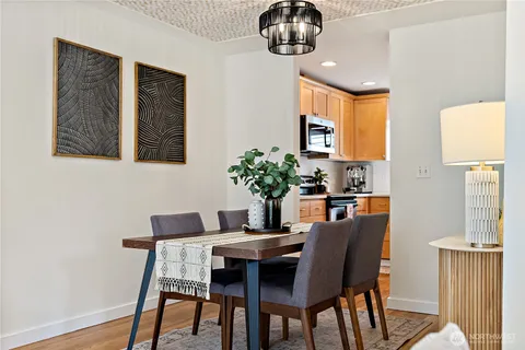 a view of a dining room with furniture
