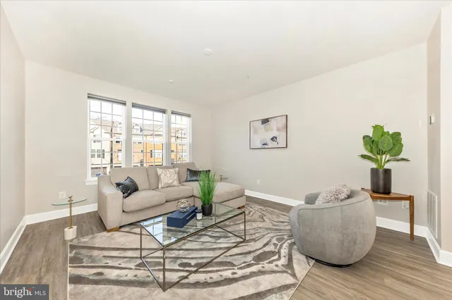 a living room with furniture and a potted plant