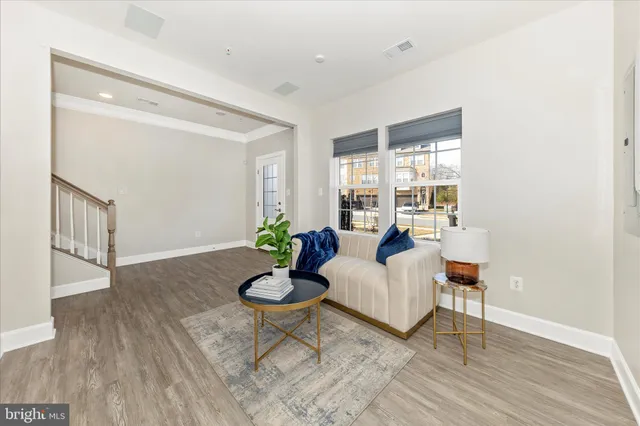 a living room with furniture and a potted plant