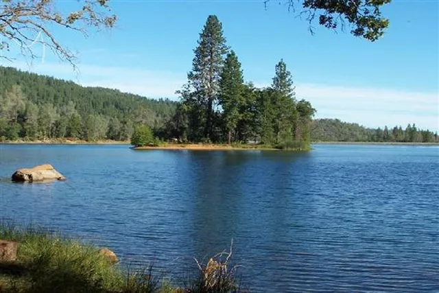 a view of a lake with houses in the background