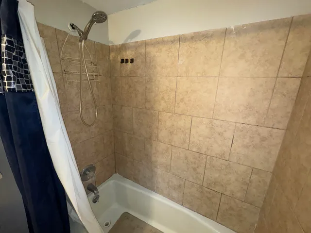 a bathroom with a shower and a sink