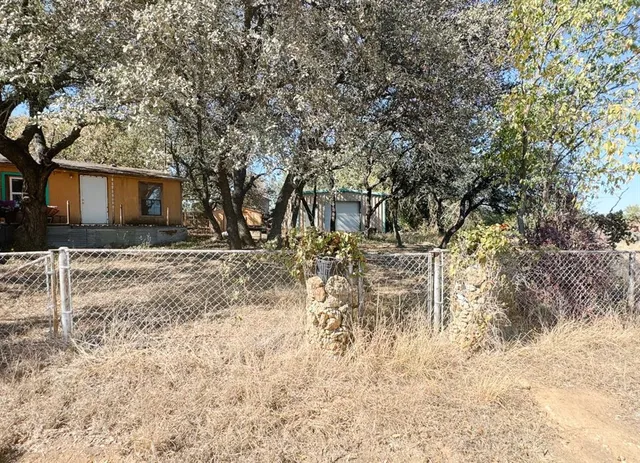 a front view of house with yard and trees around