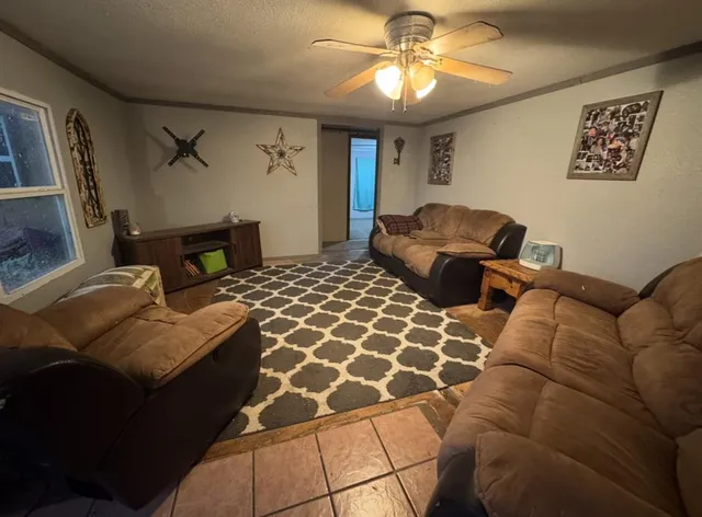 a living room with furniture and a lamp