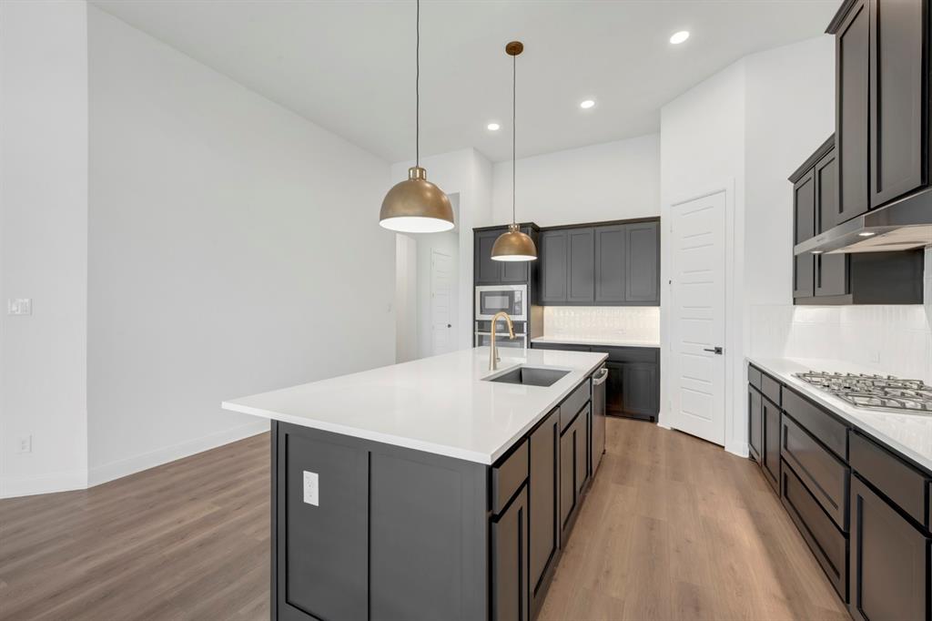 8712 Chestnut Lane Justin, TX 76247 - Photo 10 of 29 Kitchen featuring backsplash, dark wood-style flooring, and light stone counters
