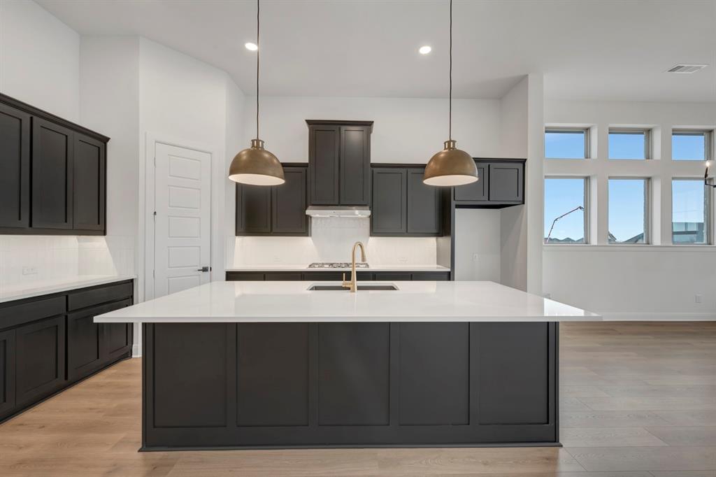 8712 Chestnut Lane Justin, TX 76247 - Photo 4 of 29 Kitchen with light stone counters, an island with sink, light wood-type flooring, and decorative light fixtures