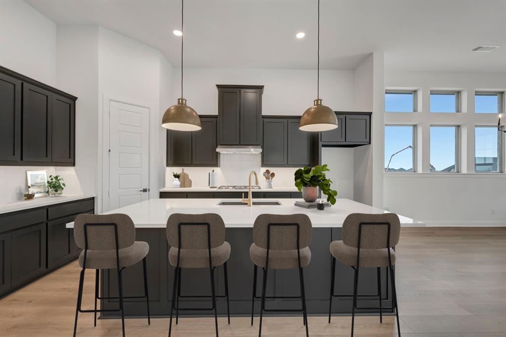 8712 Chestnut Lane Justin, TX 76247 - Photo 5 of 29 Kitchen featuring a kitchen bar, light wood-type flooring, a center island with sink, and pendant lighting