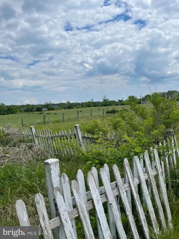 a backyard of a house with large trees and wooden fence