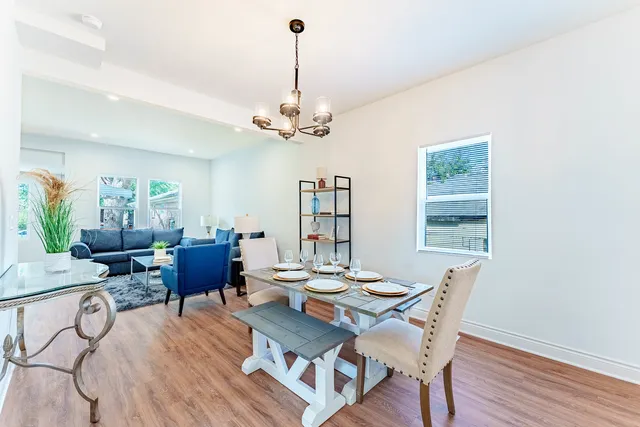 a view of a dining room with furniture wooden floor and a chandelier