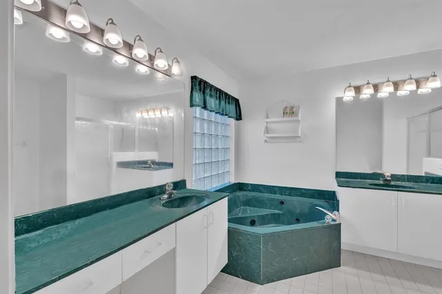 a bathroom with a sink and a shower