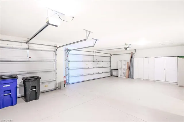 a view of a garage with storage