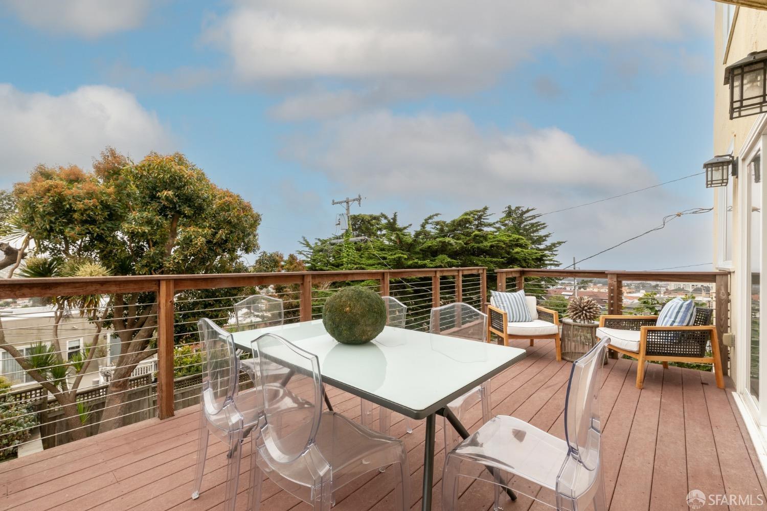 155 Upland Drive San Francisco, CA 94127 - Photo 29 of 43 a view of a roof deck with dining table and chairs with wooden floor