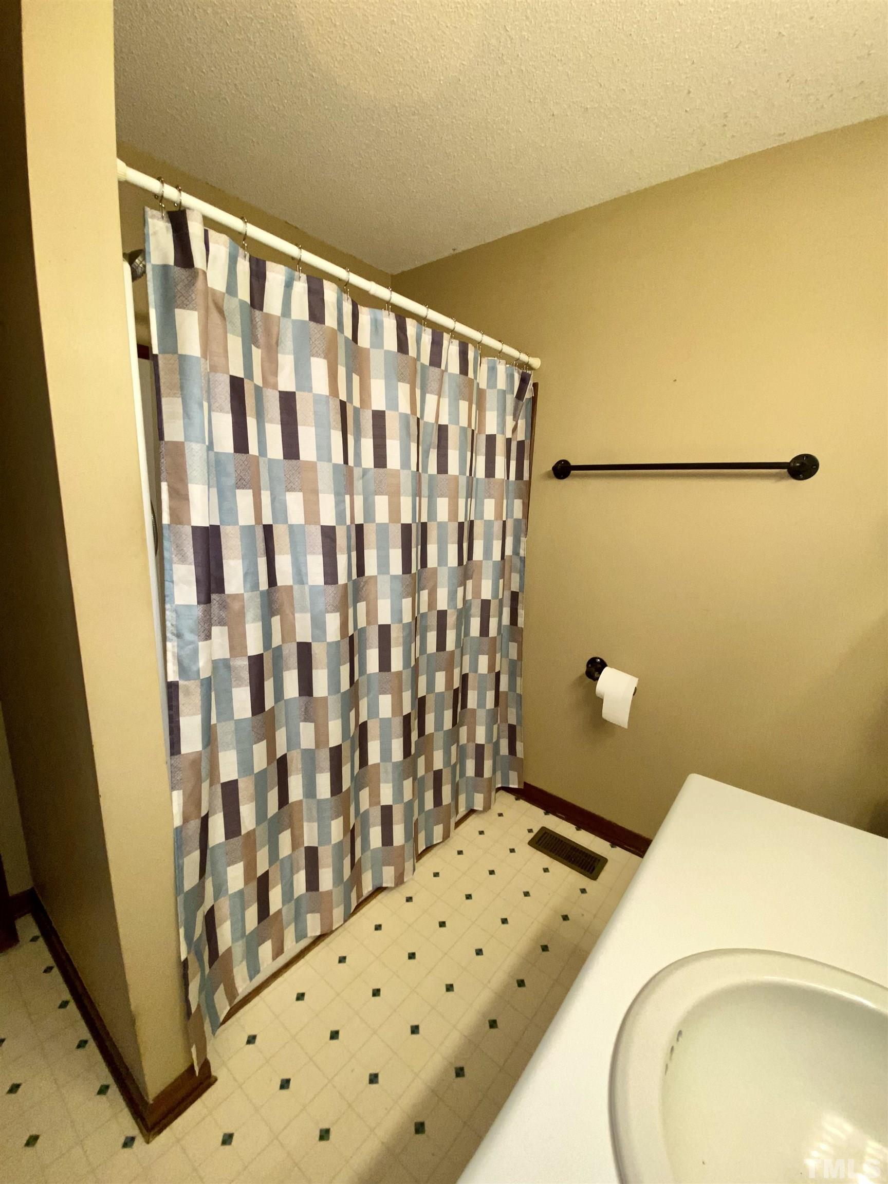 1887 Burnside Road Oxford, NC 27565 - Photo 26 of 42 a bathroom with a sink and a shower curtain