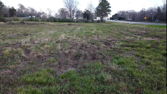 a view of a field with trees in the background