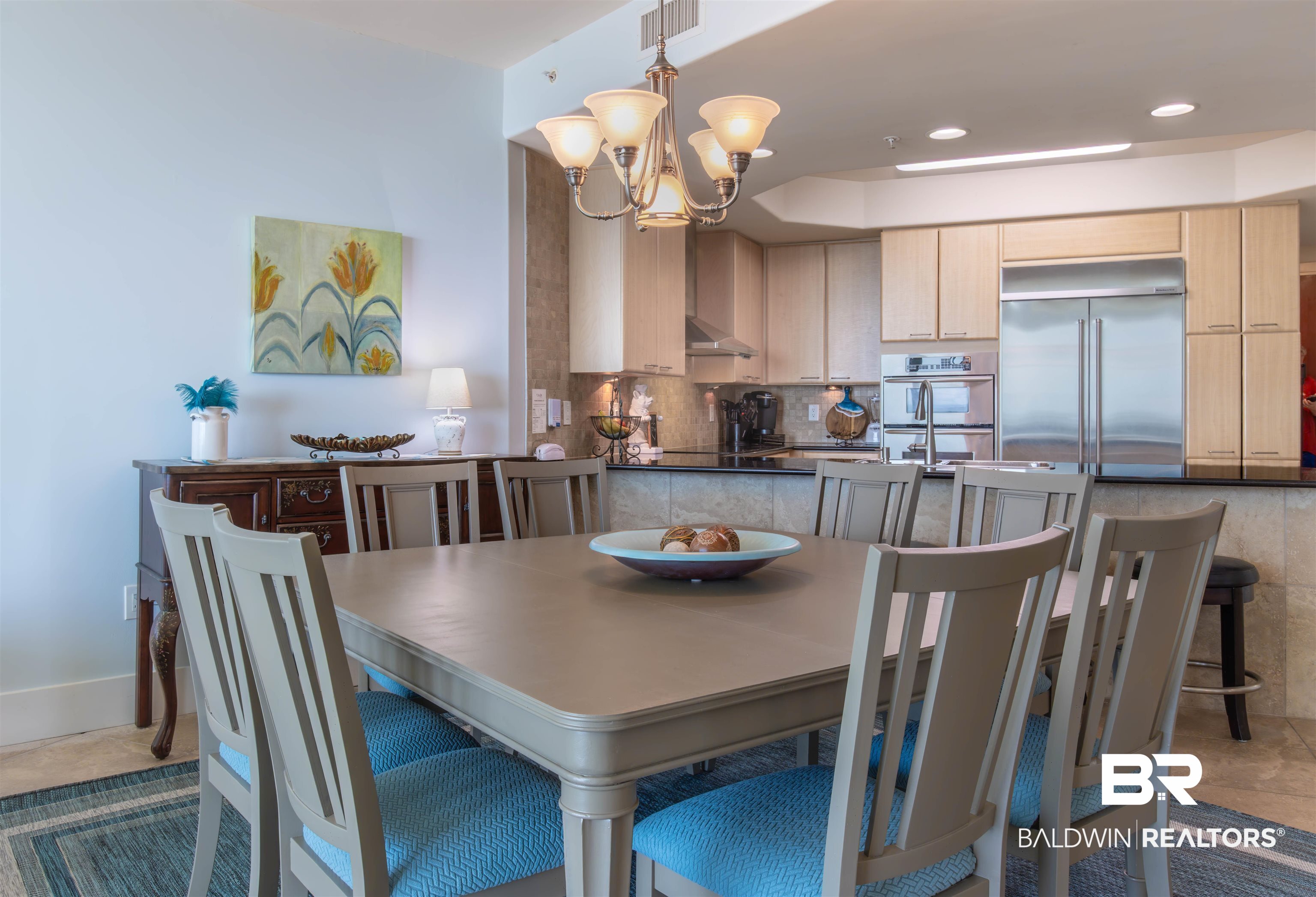 28107 Perdido Beach Boulevard, Unit D714 Orange Beach, AL 36561 - Photo 16 of 88 Tiled dining area with a chandelier, visible vents, recessed lighting, and baseboards