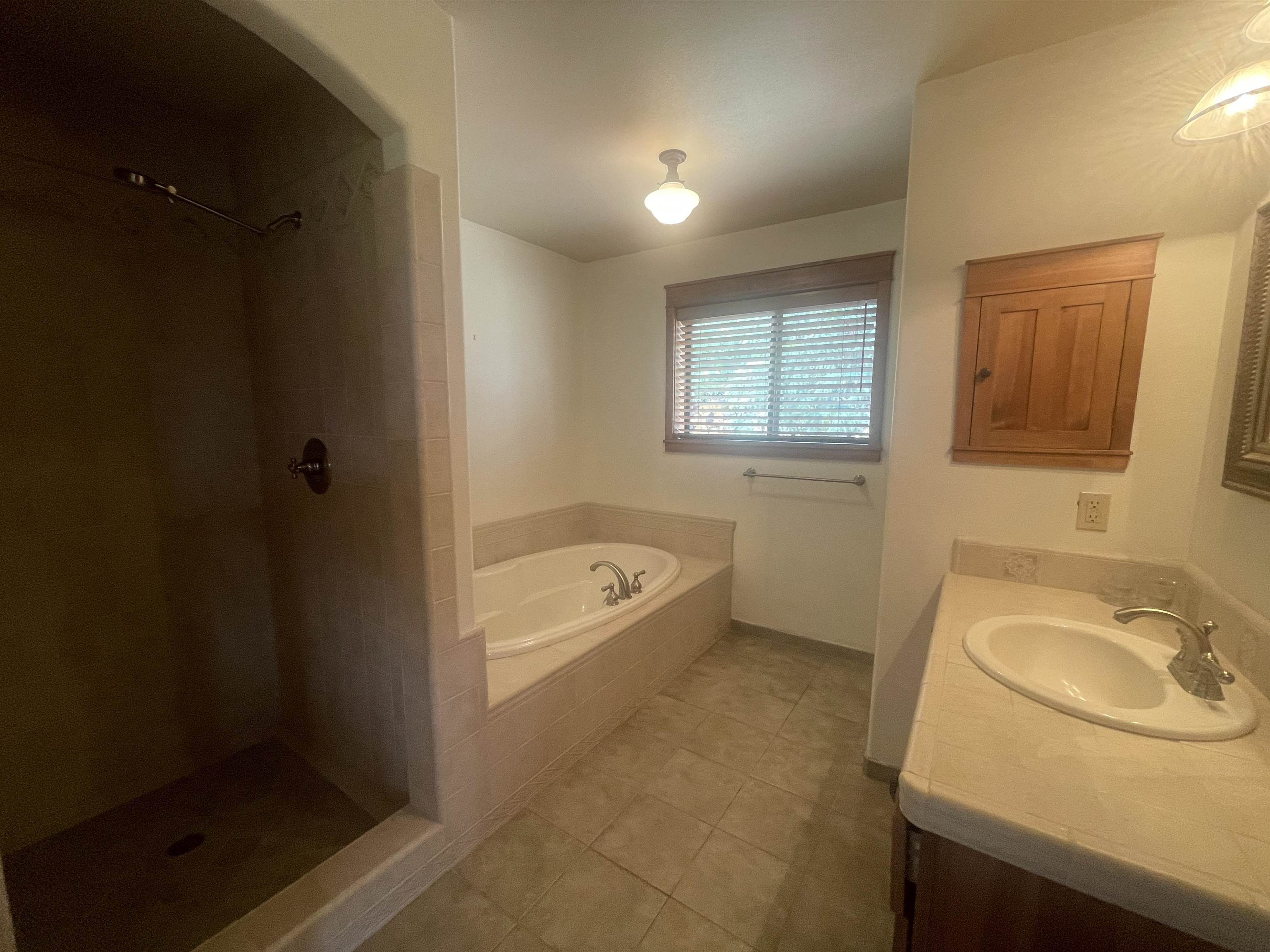 117 Summit Road, Unit 2 Bishop, CA 93514 - Photo 8 of 19 a spacious bathroom with a granite countertop sink a mirror bathtub and shower