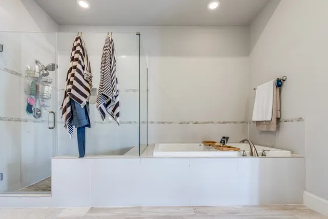 a bathroom with a bathtub and a shower