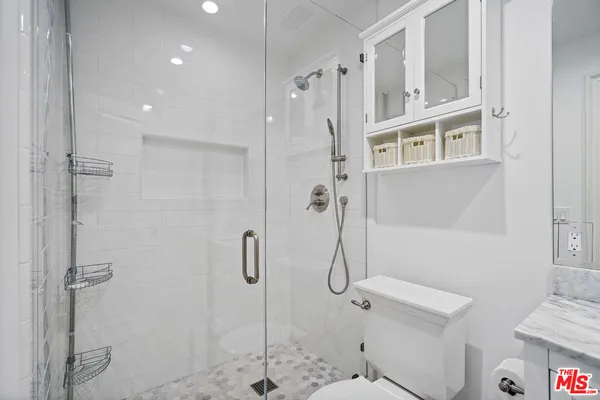 a bathroom with a shower and toilet
