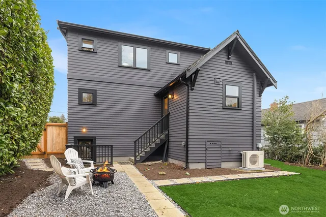 a backyard of a house with table and chairs