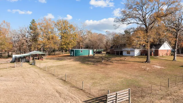 a view of a yard with trees in the background
