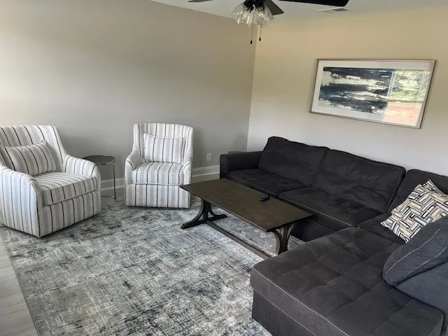 a living room with furniture and a rug