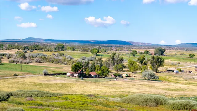 a view of a lush green hillside and an houses