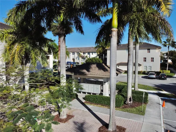 a view of a street with palm trees