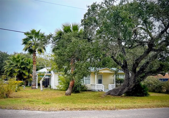 a front view of a house with a garden and tree