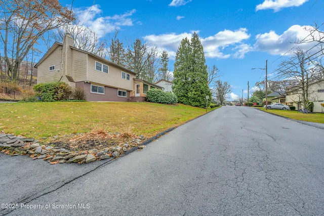 a view of a house with a yard and potted plants