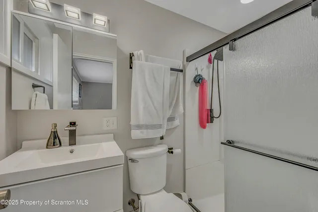 a bathroom with a sink a toilet and shower