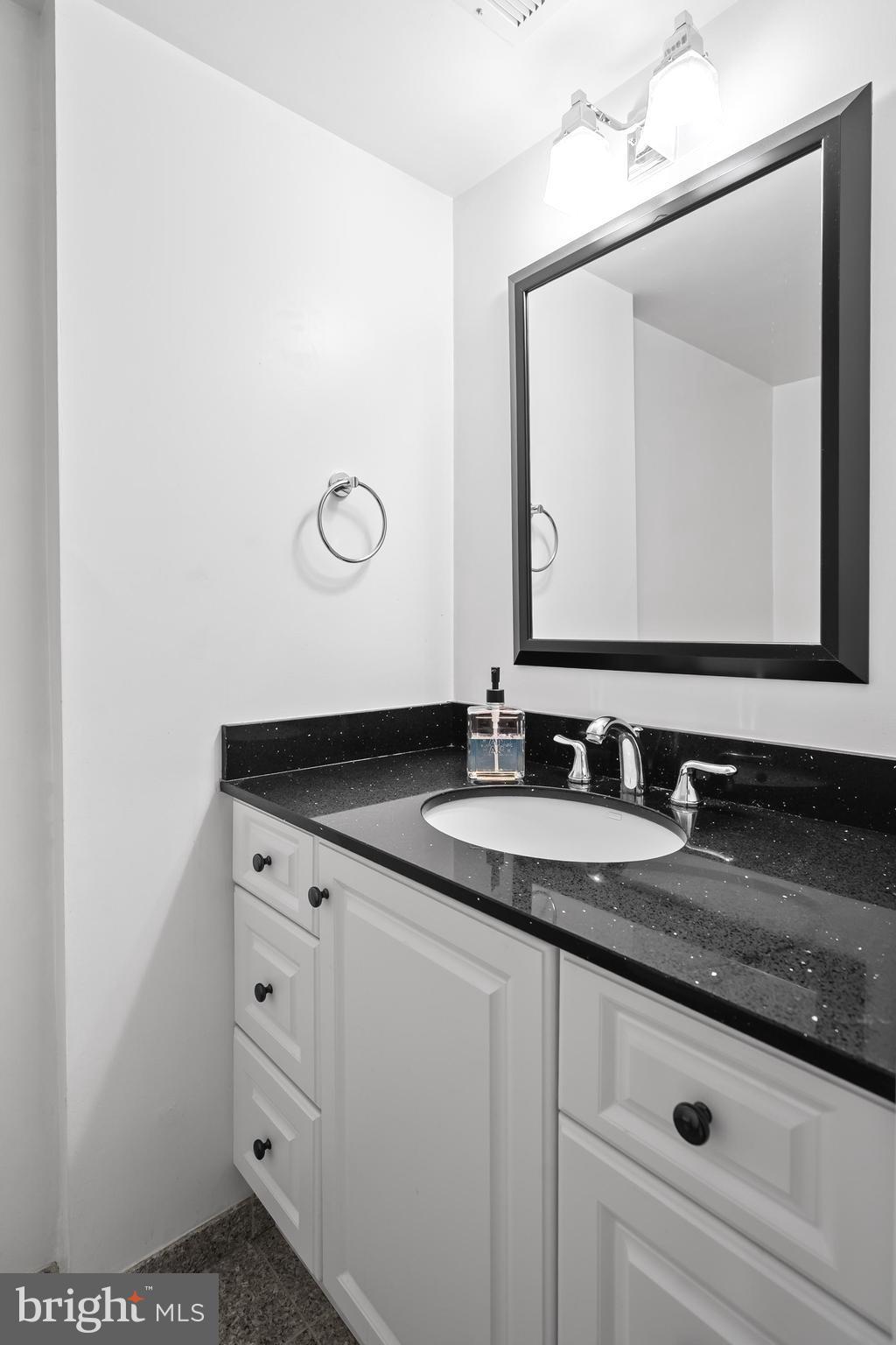 7029 Leewood Forest Drive Springfield, VA 22151 - Photo 35 of 45 a bathroom with a granite countertop sink and a mirror