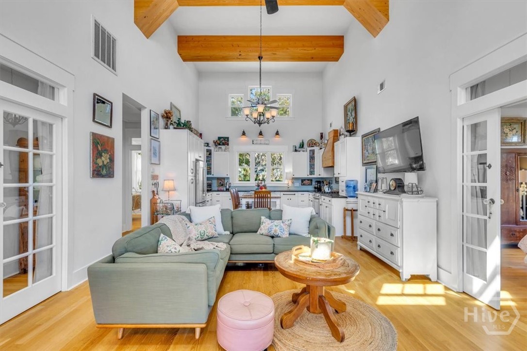 690 Japonica Road Midway, GA 31320 - Photo 6 of 70 Living area with exposed cypress beams and 18 foot ceilings.