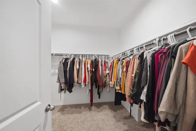 a view of walk in closet with clothes