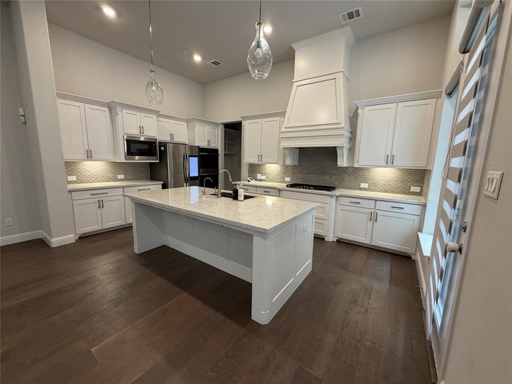 1049 Sarah Street Allen, TX 75013 - Photo 4 of 12 Kitchen featuring an oversized island with a built-in sink, white cabinetry with under-cabinet lighting, stainless steel appliances, and wood-finish flooring