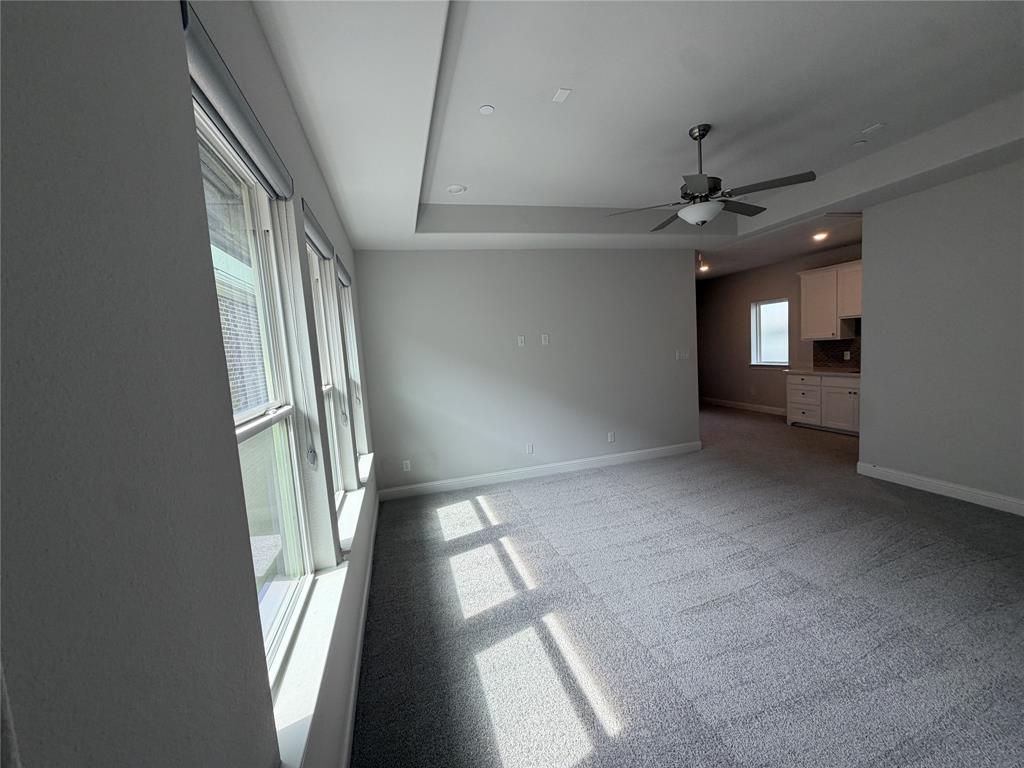 1049 Sarah Street Allen, TX 75013 - Photo 9 of 12 Spacious room featuring multiple windows, tray ceiling, recessed lighting, and a ceiling fan