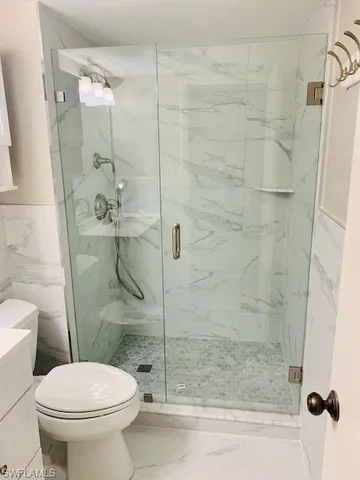 a bathroom with a shower and a toilet