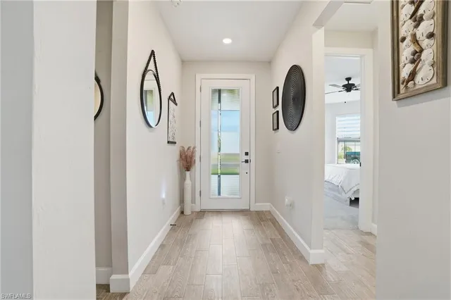 a view of a hallway with painted walls