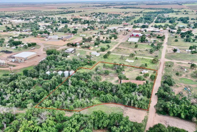 an aerial view of residential houses with outdoor space and trees