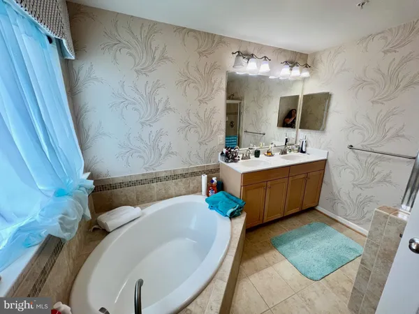 a bathroom with a tub sink and mirror