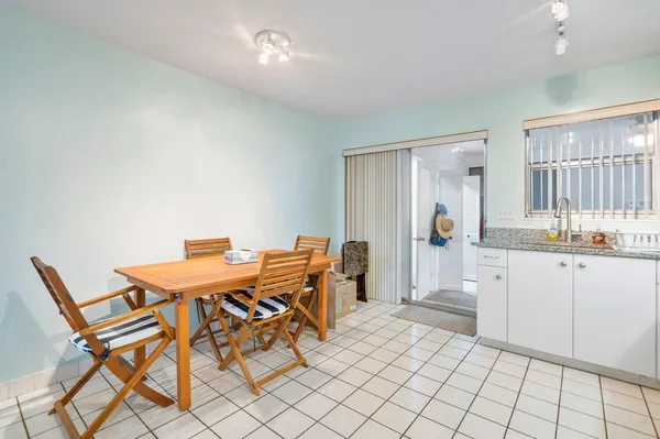a view of a dining room with furniture