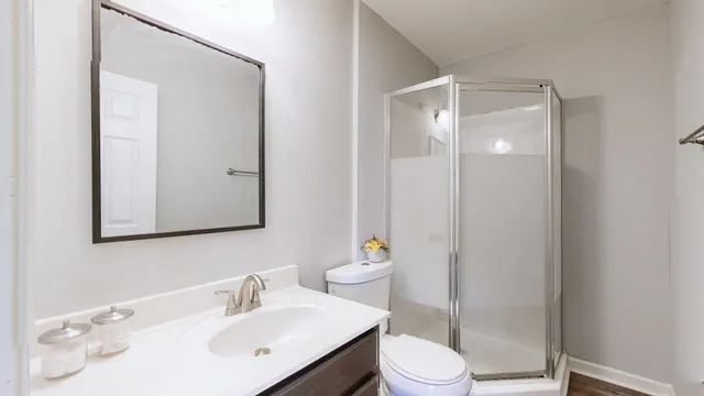 a bathroom with a sink vanity mirror and toilet