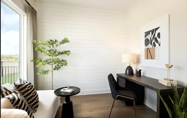 a living room with furniture and a potted plant