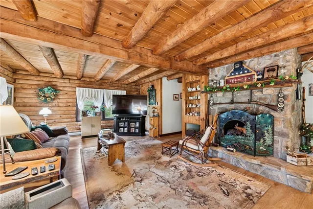 a living room with lots of furniture and a fireplace