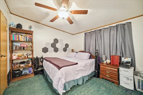 a bedroom with a bed and a book shelf
