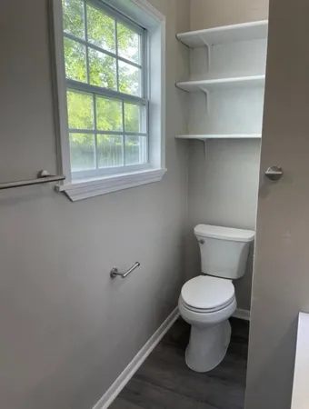 a white toilet sitting next to a window in a bathroom