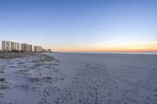 a view of a field with an ocean in the background