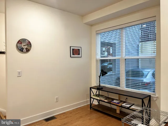 a view of a room with windows