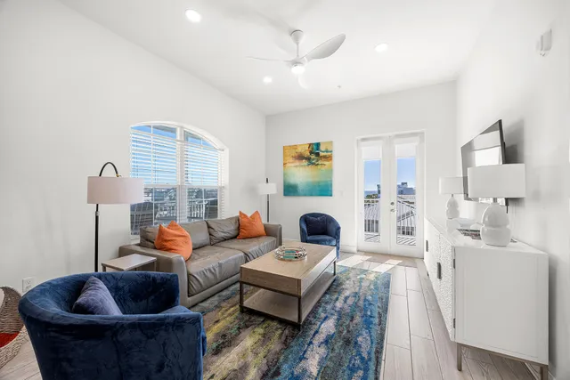 a view of a building with sitting area