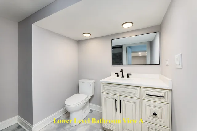a bathroom with a toilet sink and mirror