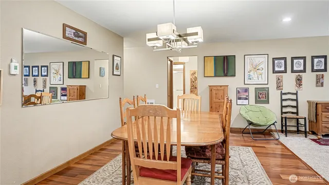 a view of a dining room with furniture